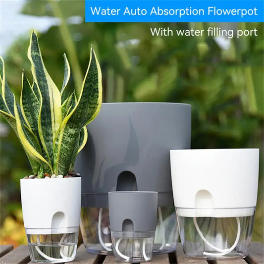 Transparent Double Layer Plastic Flower Pot Self Watering Flowerpot Cotton Rope Watering Small Plant Pot with Injection Port