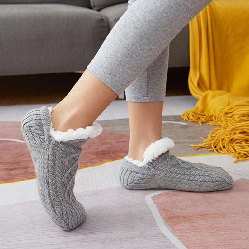 AUTODS - Knitted Slipper Socks Thick Slippers Women Girls Autumn Winter Velvet Home Floor Socks Non Slip Mid Tube Kawaii Cute Socks 1Pair