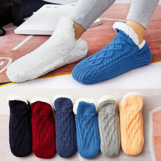 AUTODS - Knitted Slipper Socks Thick Slippers Women Girls Autumn Winter Velvet Home Floor Socks Non Slip Mid Tube Kawaii Cute Socks 1Pair