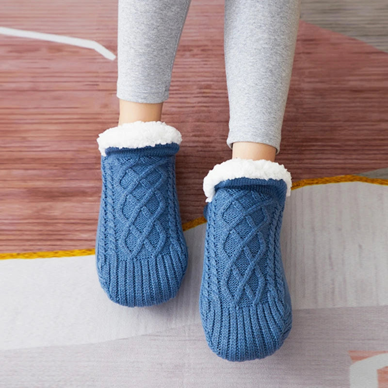 AUTODS - Knitted Slipper Socks Thick Slippers Women Girls Autumn Winter Velvet Home Floor Socks Non Slip Mid Tube Kawaii Cute Socks 1Pair