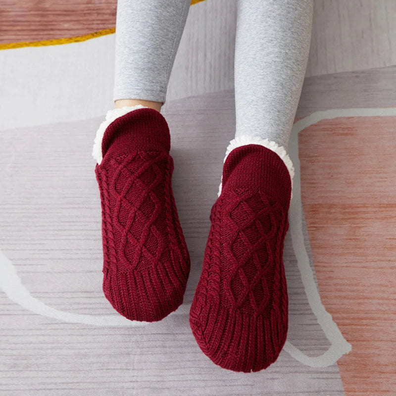 AUTODS - Knitted Slipper Socks Thick Slippers Women Girls Autumn Winter Velvet Home Floor Socks Non Slip Mid Tube Kawaii Cute Socks 1Pair