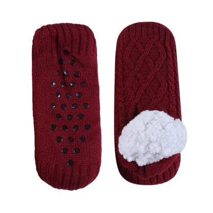 AUTODS - Knitted Slipper Socks Thick Slippers Women Girls Autumn Winter Velvet Home Floor Socks Non Slip Mid Tube Kawaii Cute Socks 1Pair