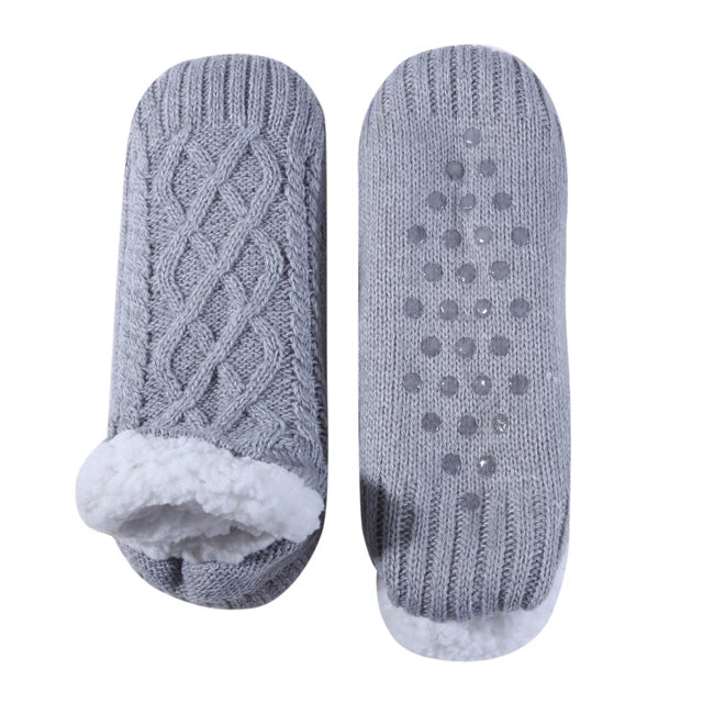 AUTODS - Knitted Slipper Socks Thick Slippers Women Girls Autumn Winter Velvet Home Floor Socks Non Slip Mid Tube Kawaii Cute Socks 1Pair